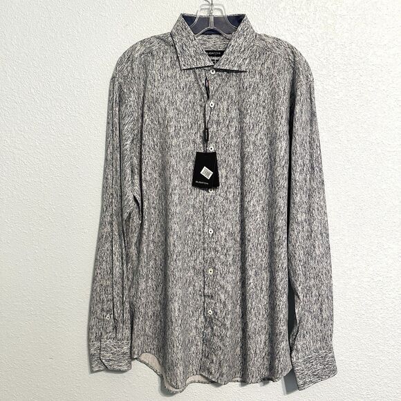 Bugatchi Other - BUGATCHI Shaped Fit Geometric Print Dress Shirt Mens Large Long Sleeve Blue NWT